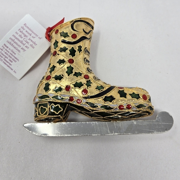 Nyco Christmas Ornament Cloisonne Enamal Ice Skating Shoe Holly Berries Leaves - Picture 2 of 12